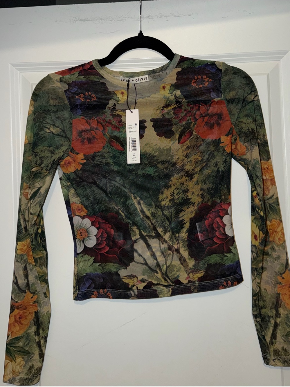 Alice + Olivia Floral Mesh Long Sleeve Crop Top - Green Multi